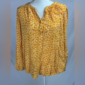 Old Navy Women L Yellow Ditsy Flower Long Sleeve Button Shirt Blouse Peasant Top